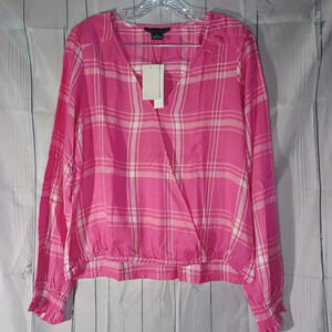 Sanctuary long-sleeve pink and white plaid shirt NWT